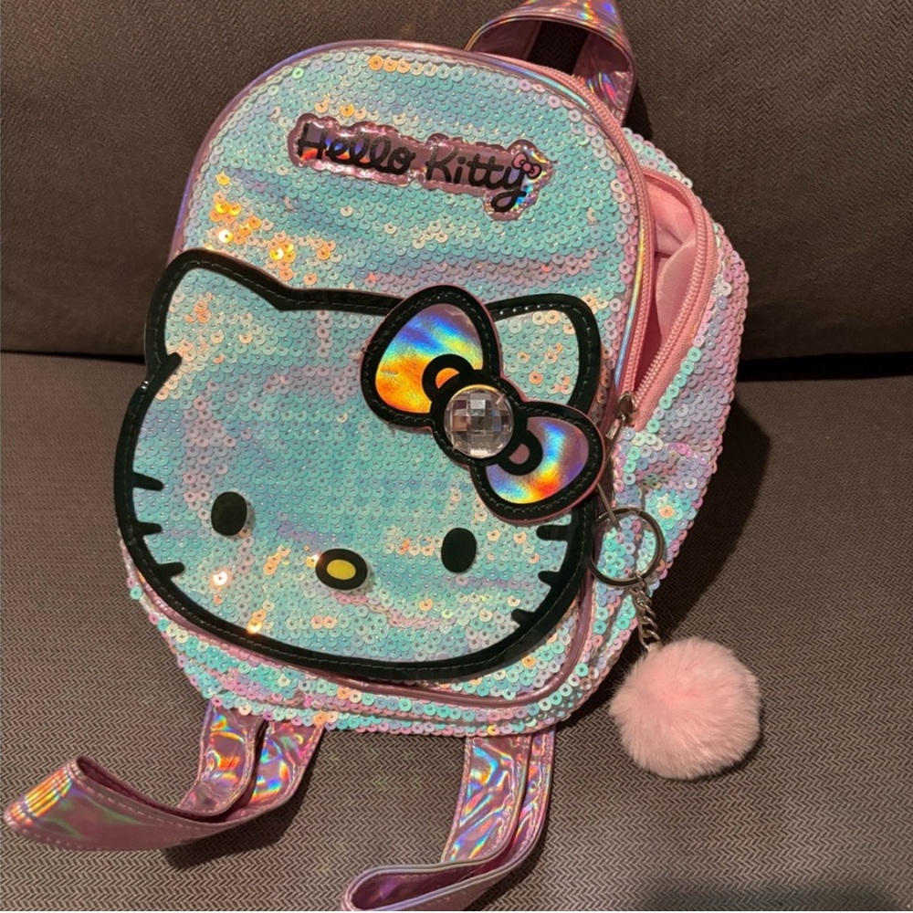 NEW Hello Kitty Holographic Sequin Backpack - Pink and Black with Puff ball